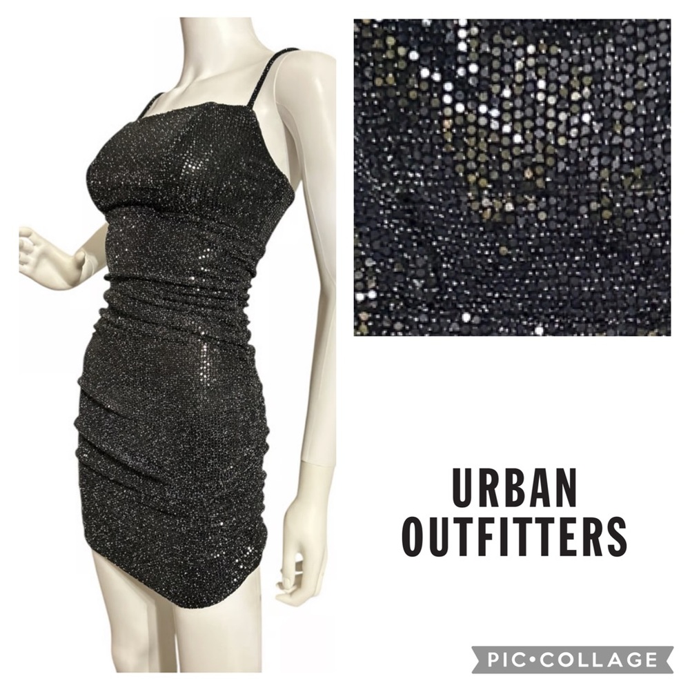UO Black Sequin Metallic Mini Dress Spaghetti Straps Ruched Sides Size Small